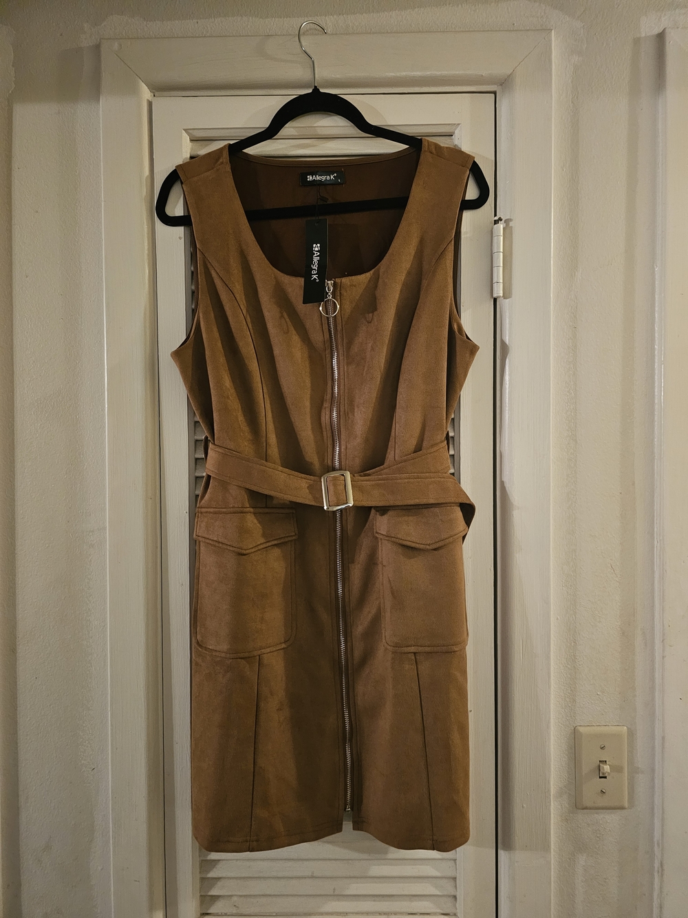 3/$13 Allegra K Tan Suede-Look Belted Zip Front Dress
